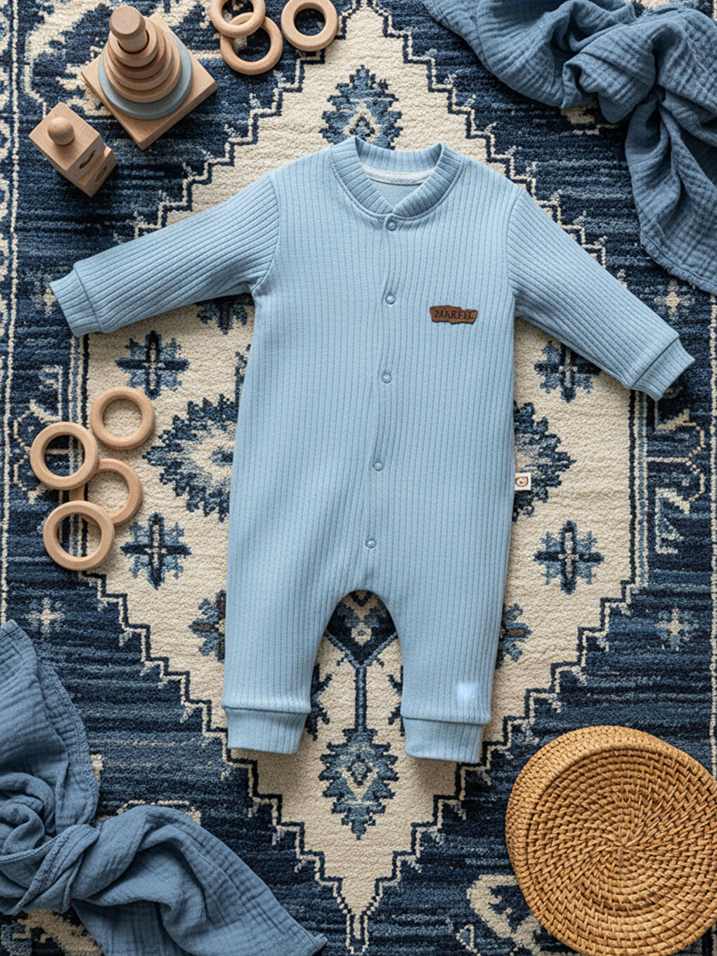 Mavi %100 Pamuklu Fitilli Bebek Tulum Salopet MAVİ-5