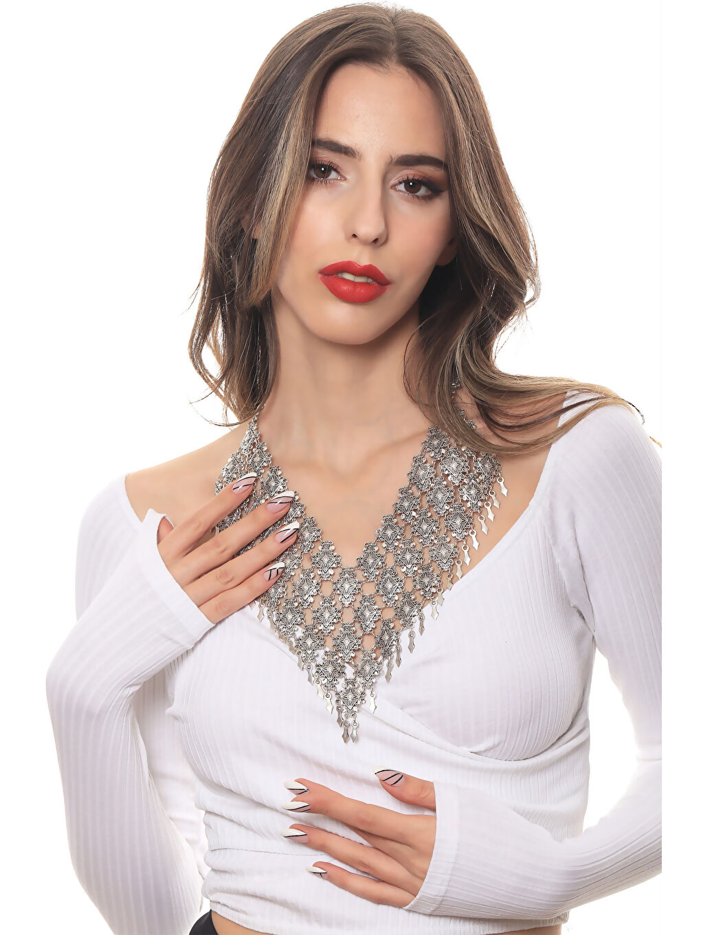 Gri Kadın Antik Gümüş Kaplama El Yapmı Bohem Kolye-5