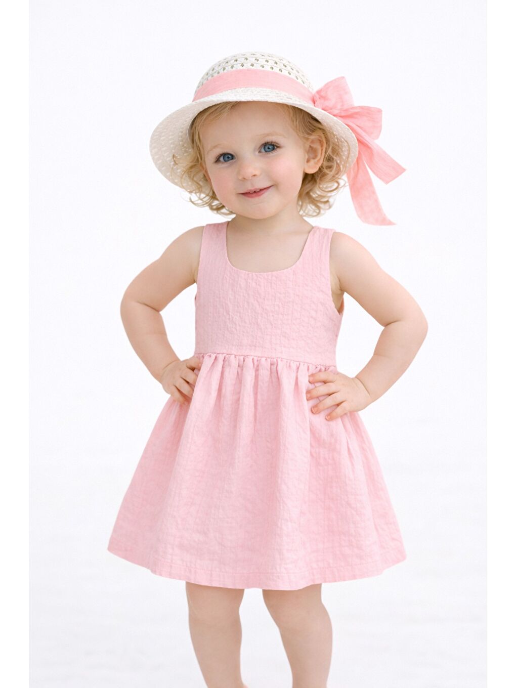 Pembe Tatlı Kız Bebek Yazlık Fiyonklu Şapkalı Pamuklu 2'li elbise-4
