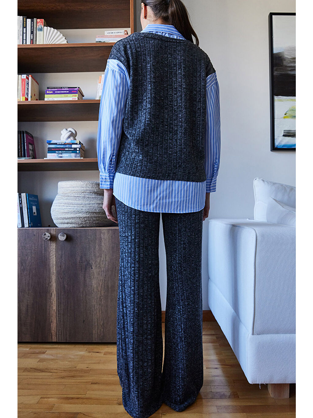 Mavi Kadın Süveter Detaylı Çizgili Gömlekli Alt Üst Takım-4