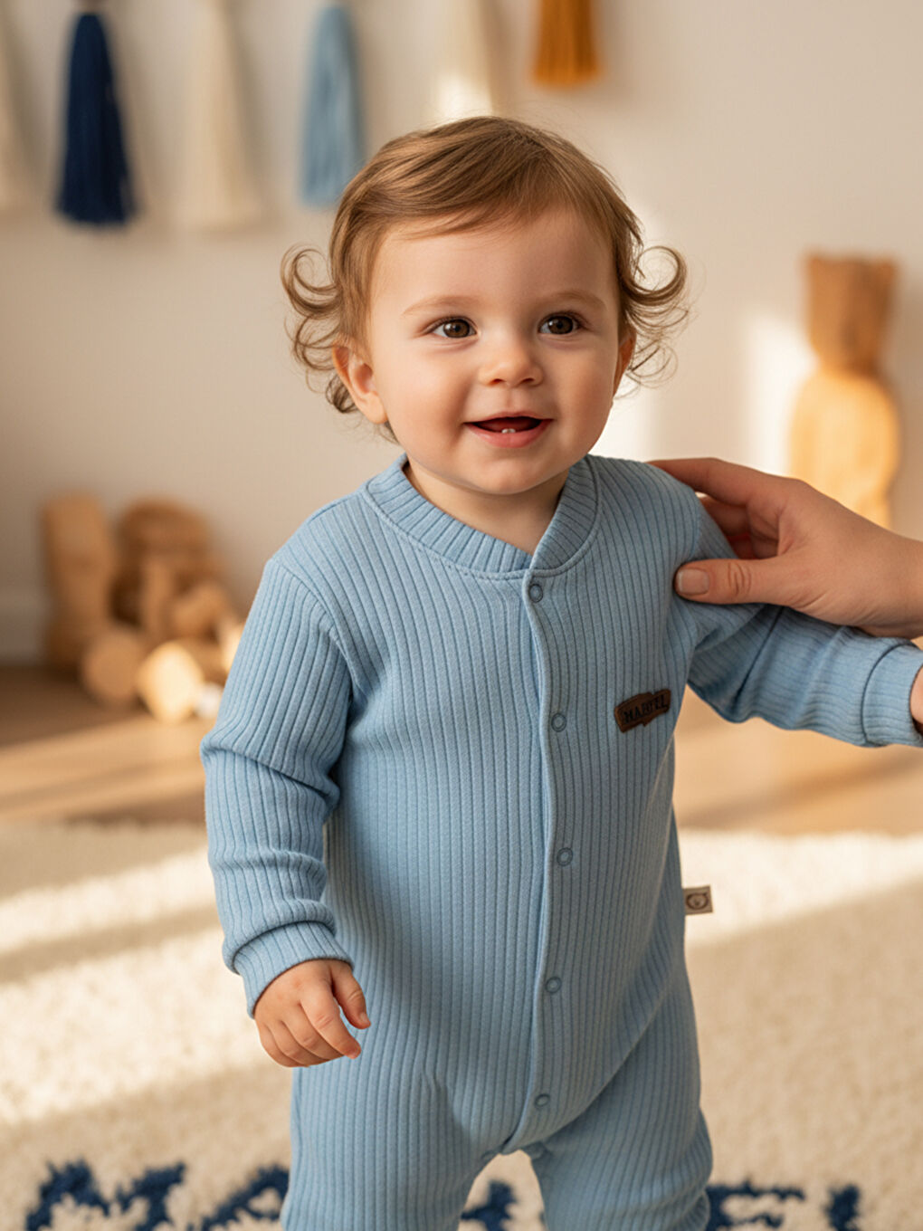 Mavi %100 Pamuklu Fitilli Bebek Tulum Salopet MAVİ-6