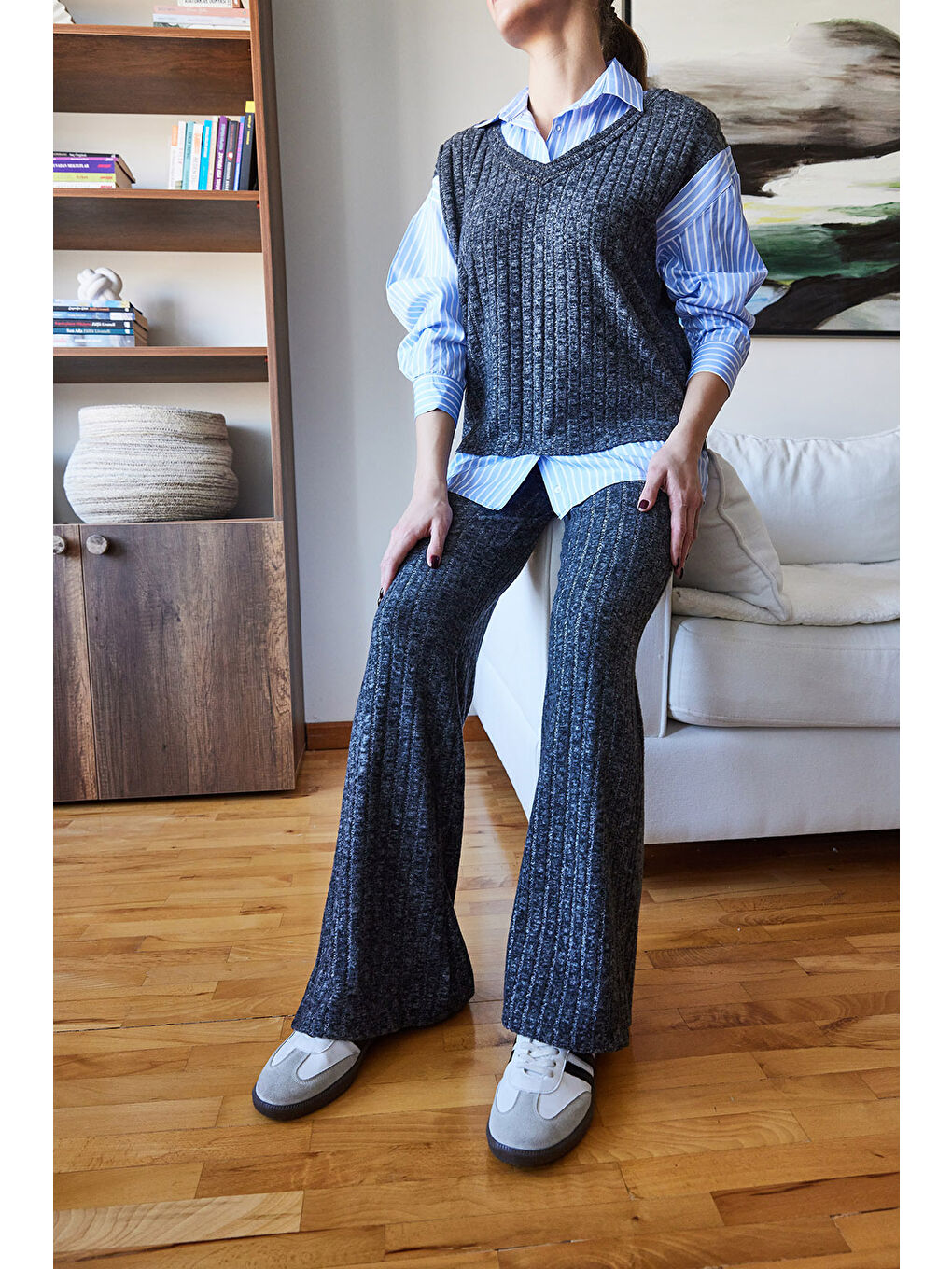 Mavi Kadın Süveter Detaylı Çizgili Gömlekli Alt Üst Takım-5