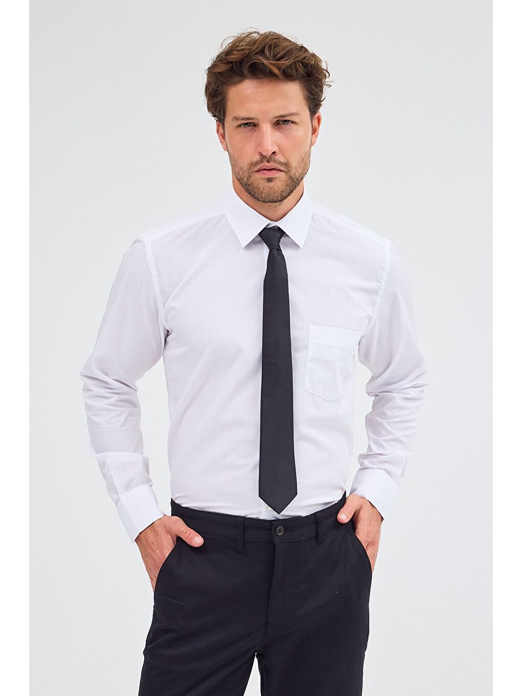 Beyaz Sert Yaka Uzun Kol Easy To Iron Comfort Fit Pamuklu Büyük Beden Gömlek 1004255300-5