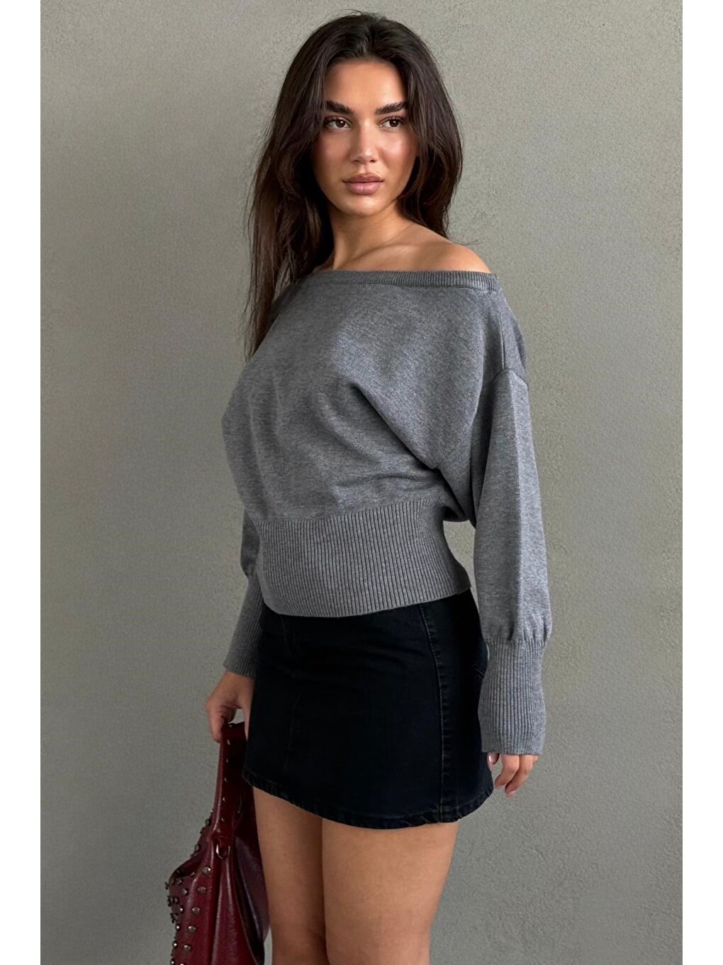 Gri Ribbed Asimetrik Kesimli Kadın Kazak Mg2744-3