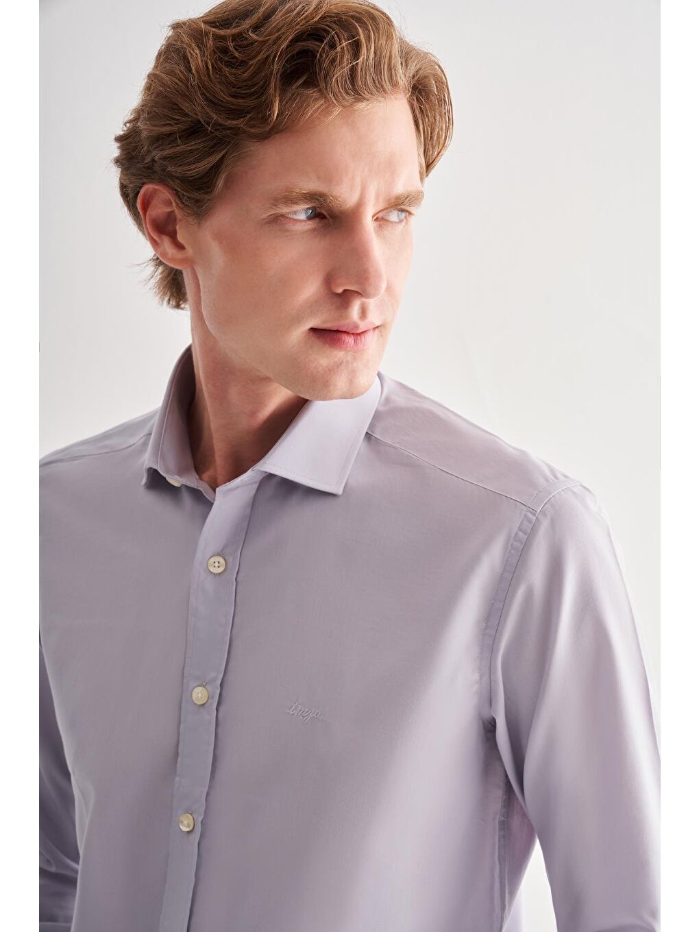 Gri Yarım İtalyan Yaka Uzun Kol Slim Fit Pamuklu Gömlek 1004255180-3