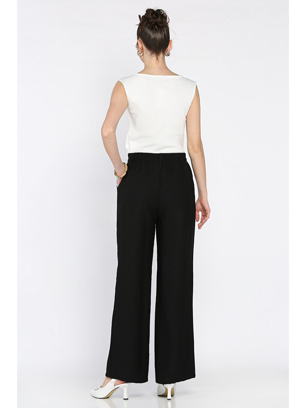 Siyah Kadın Yüksek Bel Cep Taşlı Palazzo Pantolon-2