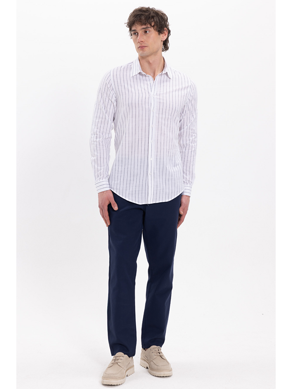 Lacivert Erkek Slim Fit Dar Kesim Uzun Kollu %100 Pamuk Keten Doku Çizgili Gömlek-1
