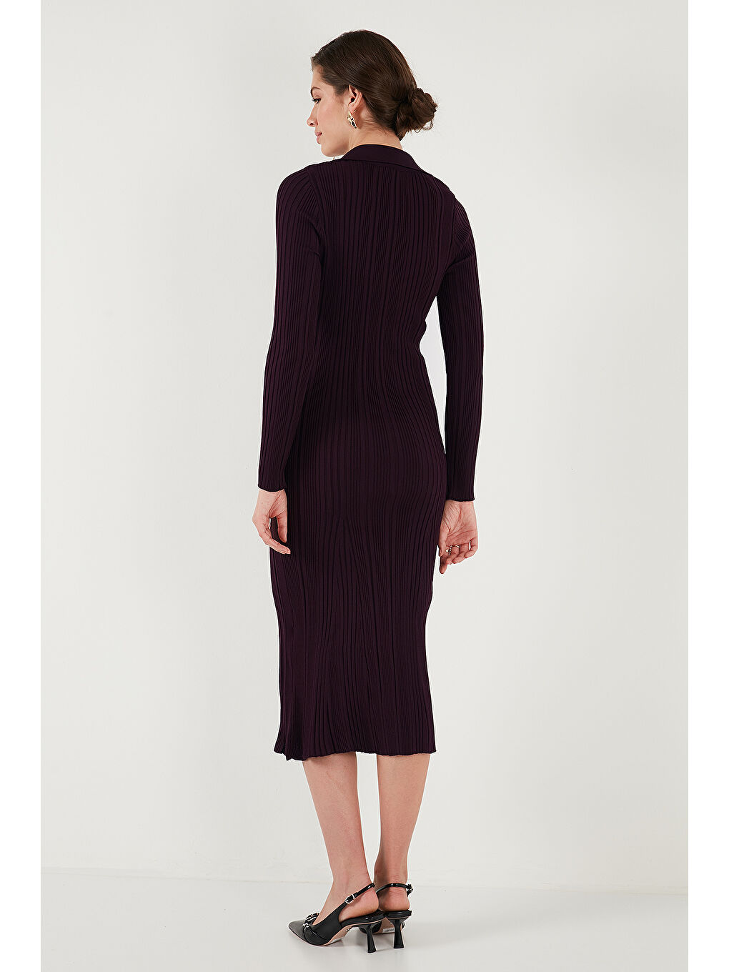 Mürdüm Premium Fitilli V Yaka Slim Fit Midi Boy Triko Elbise 680EL00282-5