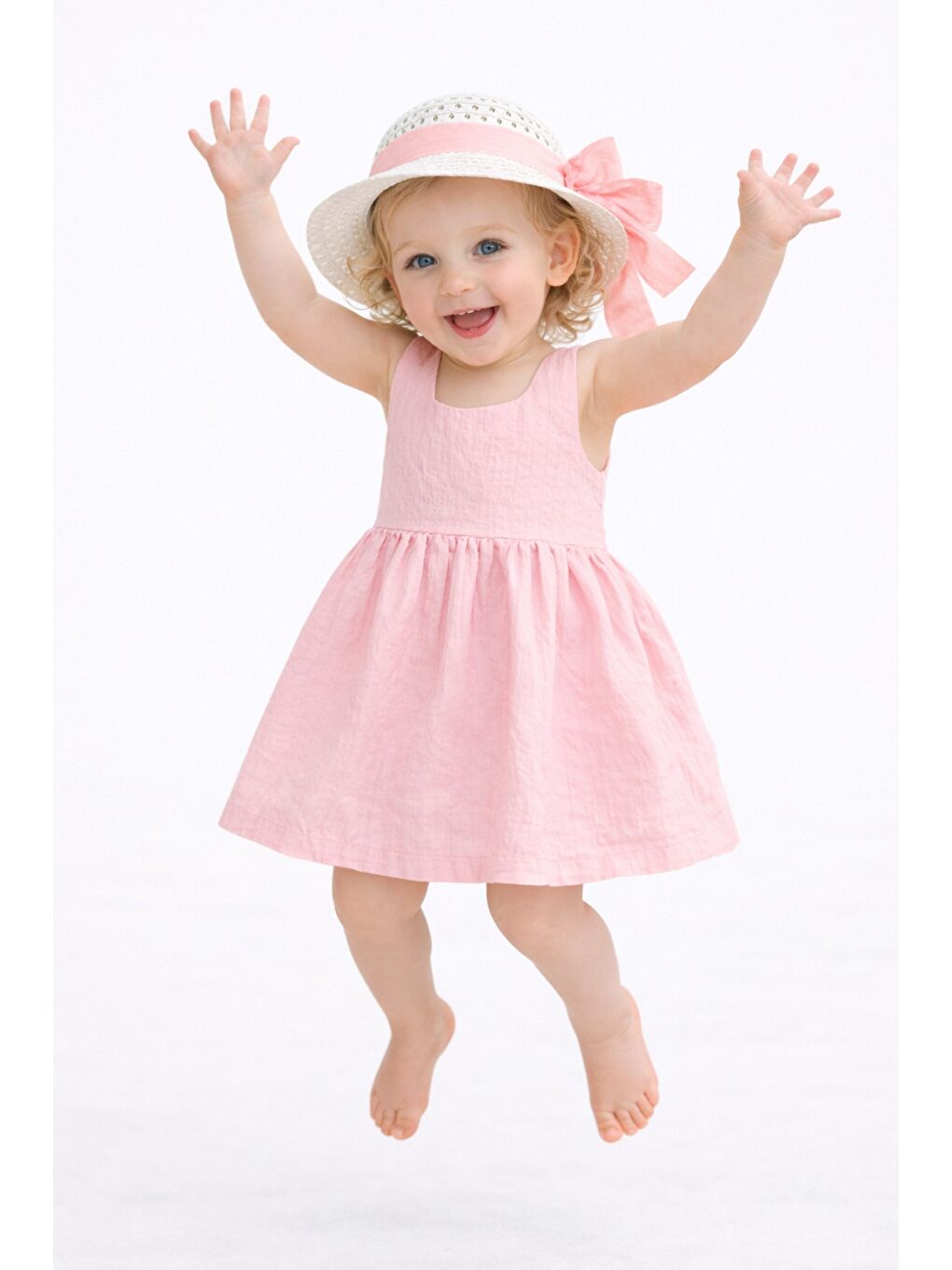 Pembe Tatlı Kız Bebek Yazlık Fiyonklu Şapkalı Pamuklu 2'li elbise-5