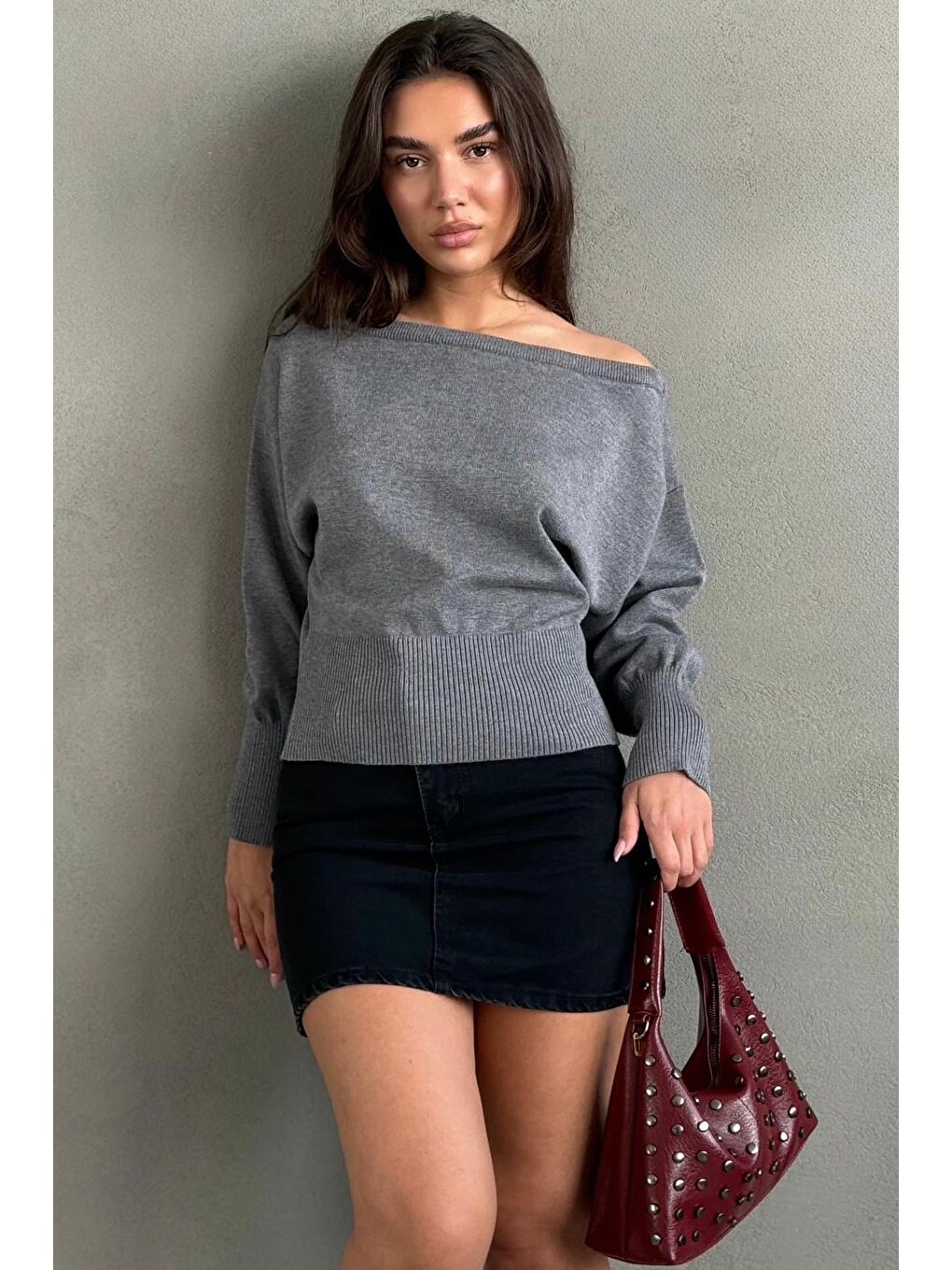 Gri Ribbed Asimetrik Kesimli Kadın Kazak Mg2744-5