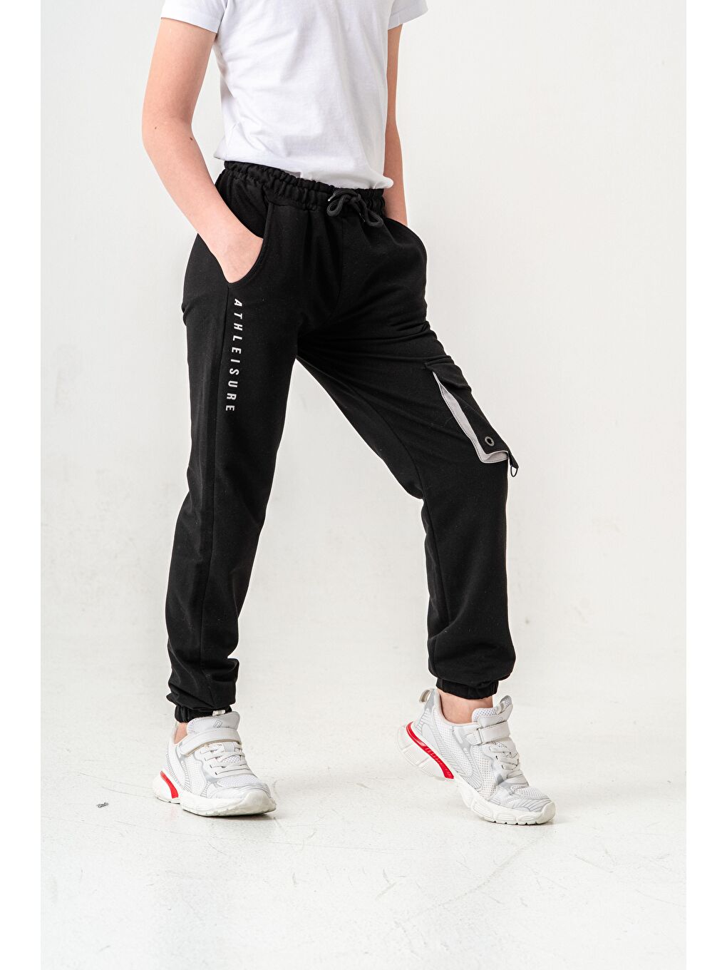 Siyah Athleisure Baskılı Kargo Cepli Erkek Çocuk Eşofman Altı-4