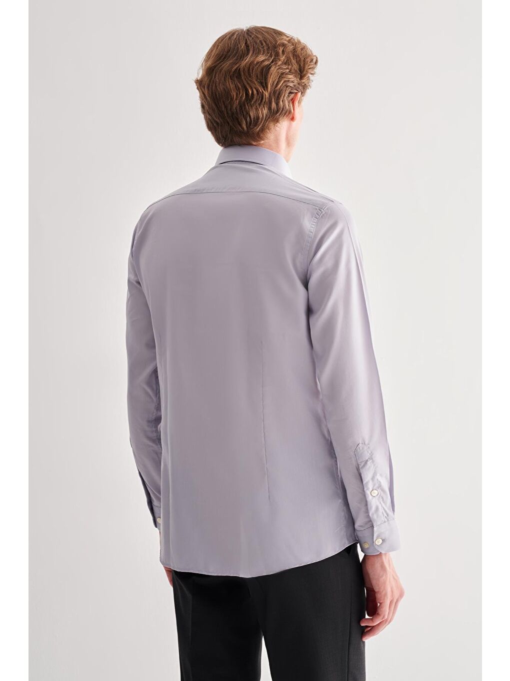 Gri Yarım İtalyan Yaka Uzun Kol Slim Fit Pamuklu Gömlek 1004255180-4