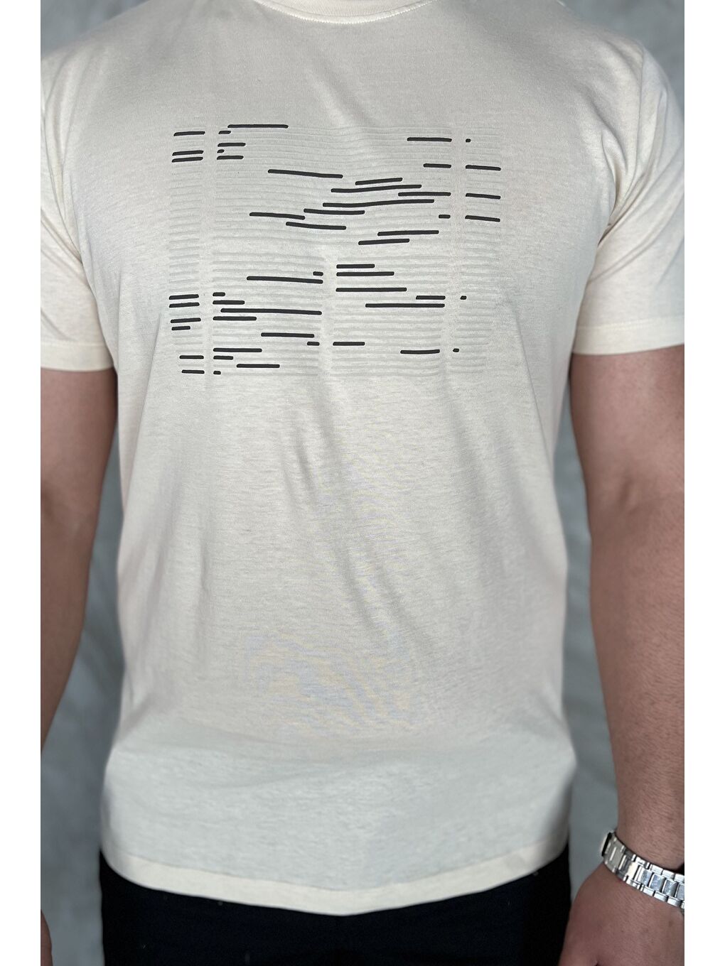 Bej Bisiklet Yaka Ön Baskılı Erkek Tişört-3