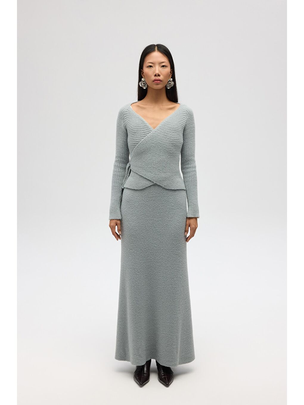 Fluff Bağlamalı Gri Üst-Etek Takım-1