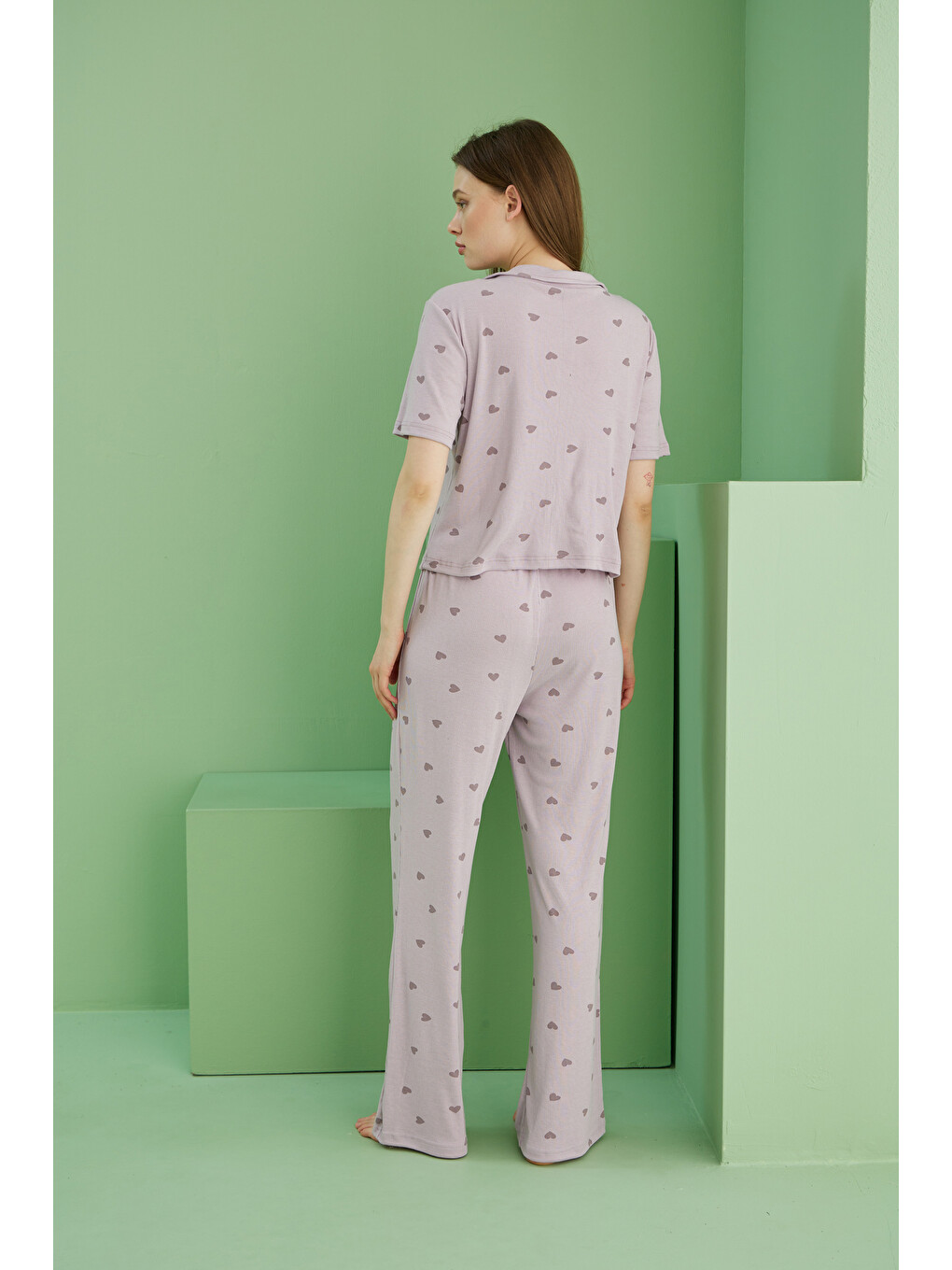 Lila Kalp Baskılı Fitilli Kaşkorse Örme Düğmeli Gömlek Yaka Pijama Takım-3