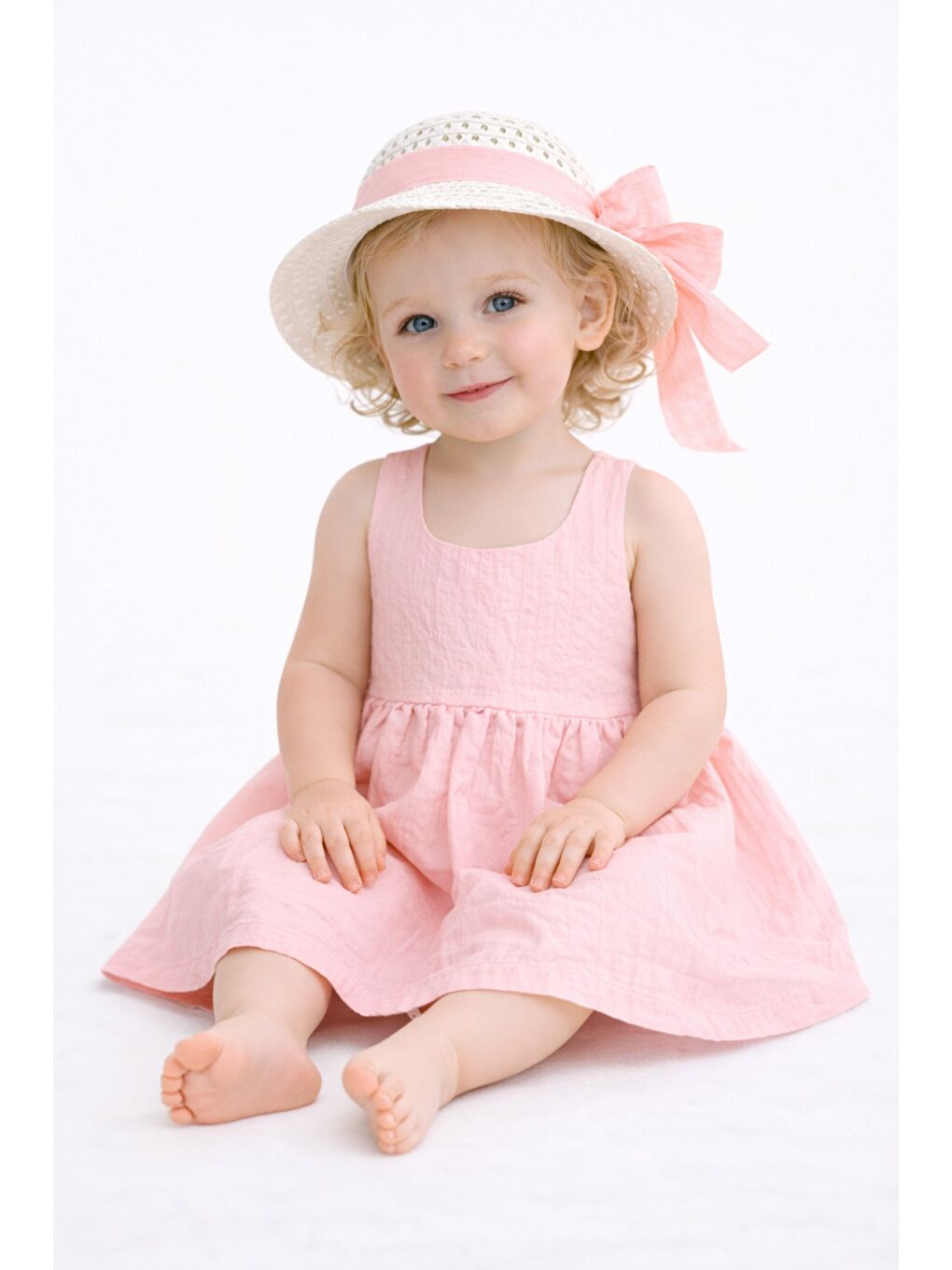 Pembe Tatlı Kız Bebek Yazlık Fiyonklu Şapkalı Pamuklu 2'li elbise-6