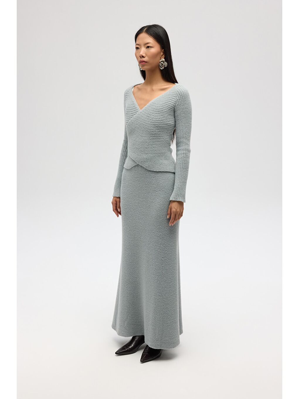 Fluff Bağlamalı Gri Üst-Etek Takım-2