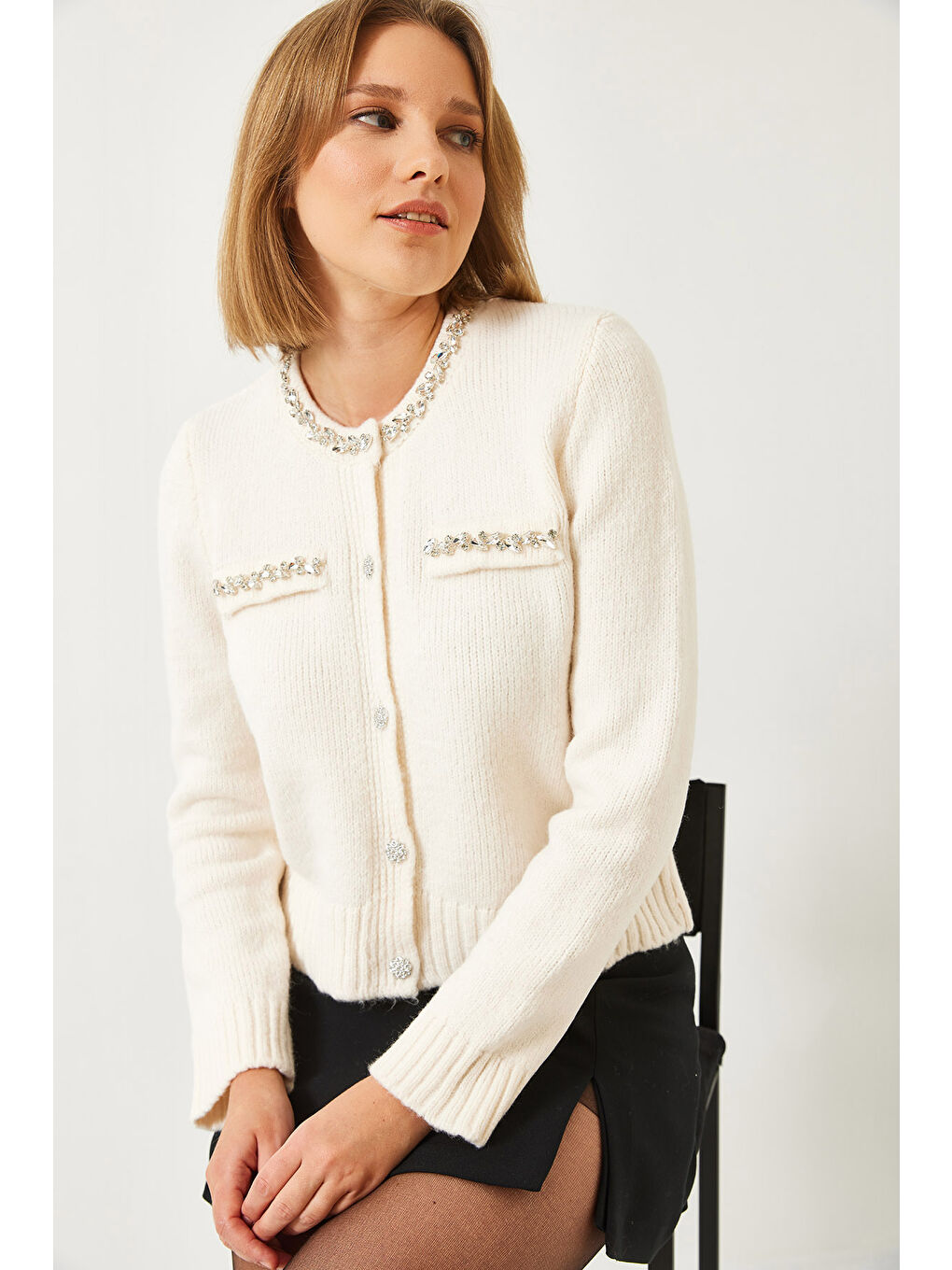 Ekru Kadın İnci Taş İşlemeli Triko Hırka-2