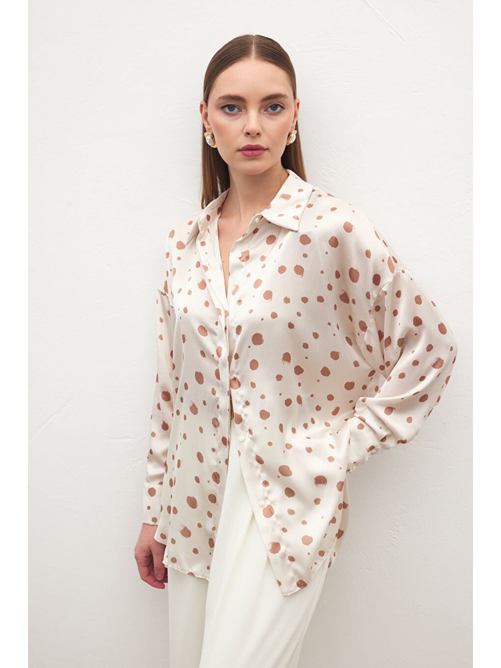 Puantiyeli Gömlek - Bej-1