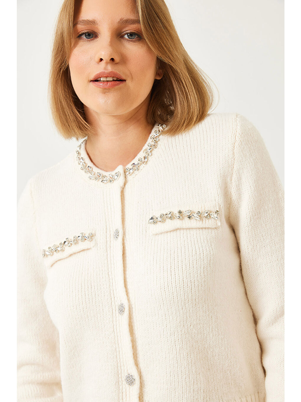 Ekru Kadın İnci Taş İşlemeli Triko Hırka-3