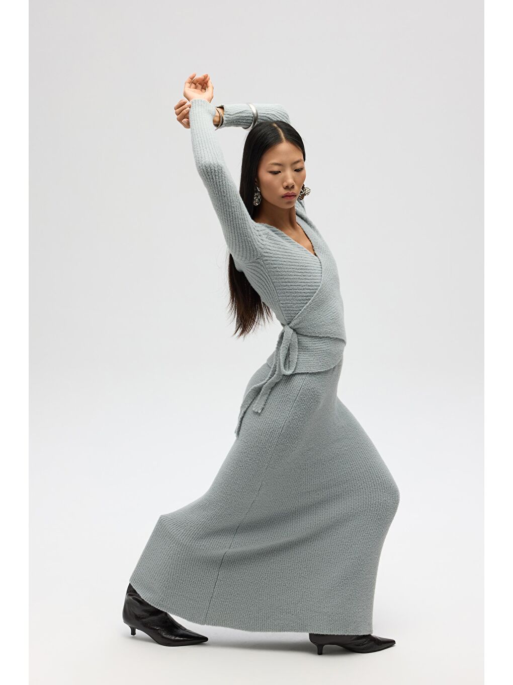 Fluff Bağlamalı Gri Üst-Etek Takım-3