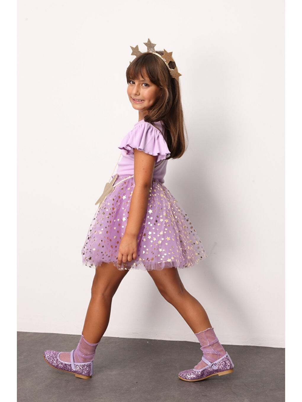 Lila Yıldızlı Fiyonk Detaylı Kız Çocuk Tül Etek - Aster-2