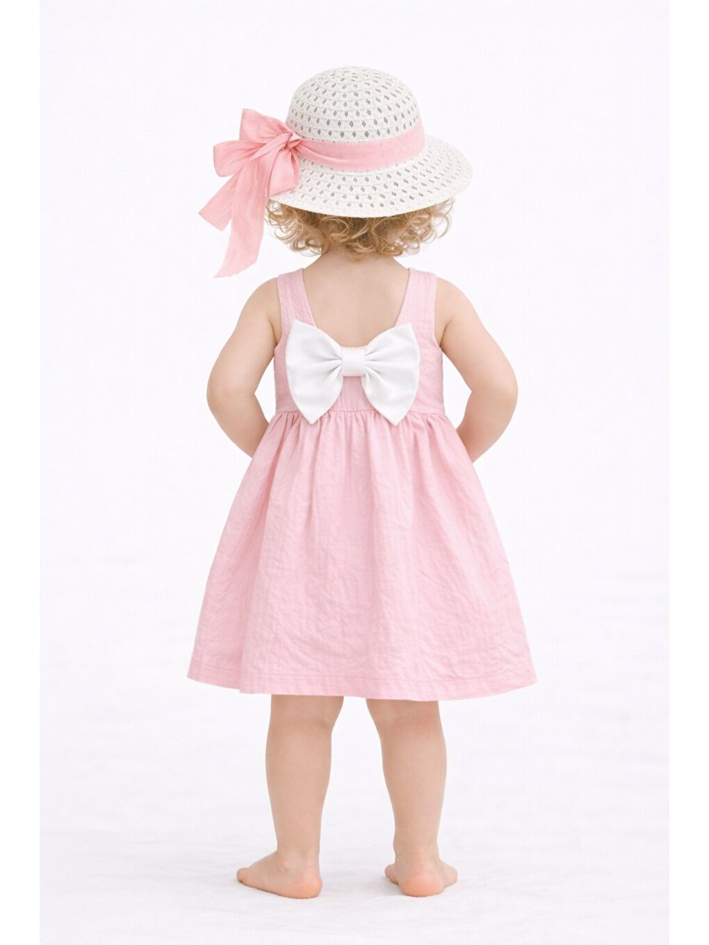 Pembe Tatlı Kız Bebek Yazlık Fiyonklu Şapkalı Pamuklu 2'li elbise-7