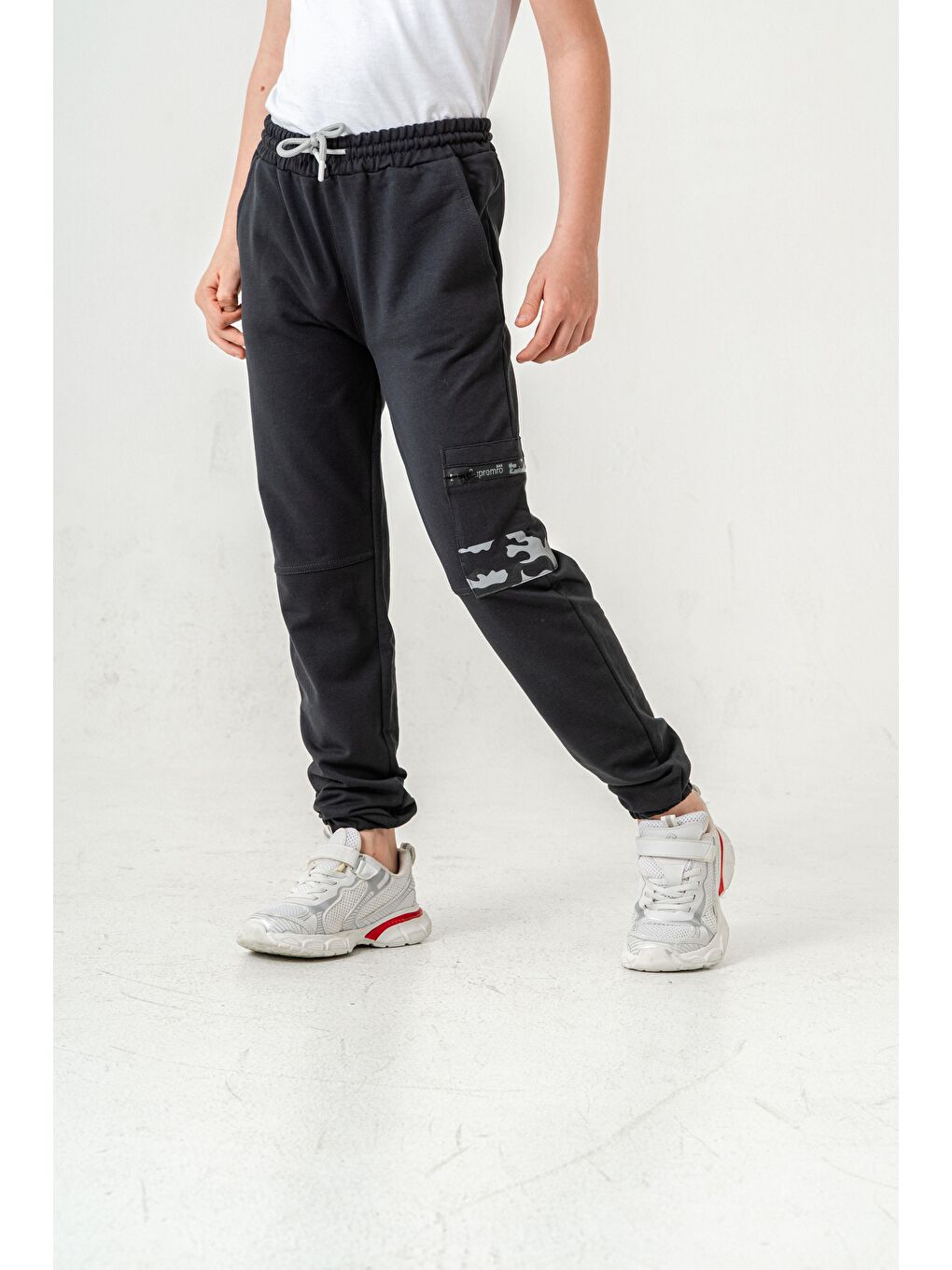 Gri Kargo Cepli Cep Kamuflaj Baskılı Fermuarlı Erkek Çocuk Eşofman Altı-2