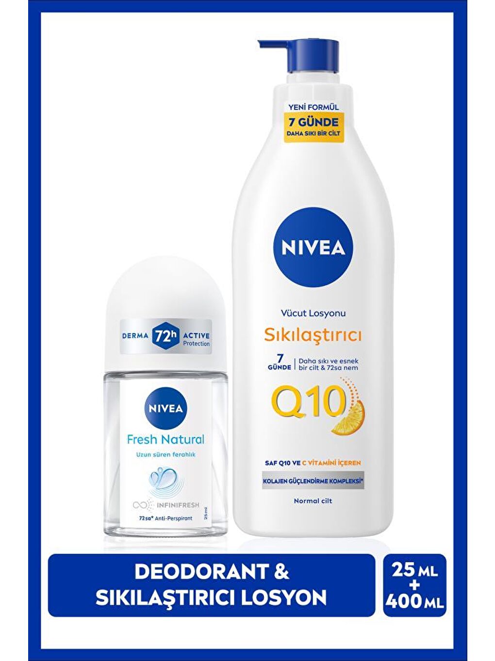 Q10 Sıkılaştırıcı Nemlendirici Vücut Losyonu 400ml ve Kadın Mini Roll-on Deodorant Fresh Natural 25m