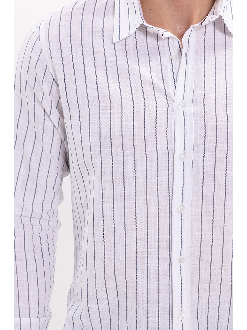 Lacivert Erkek Slim Fit Dar Kesim Uzun Kollu %100 Pamuk Keten Doku Çizgili Gömlek-3