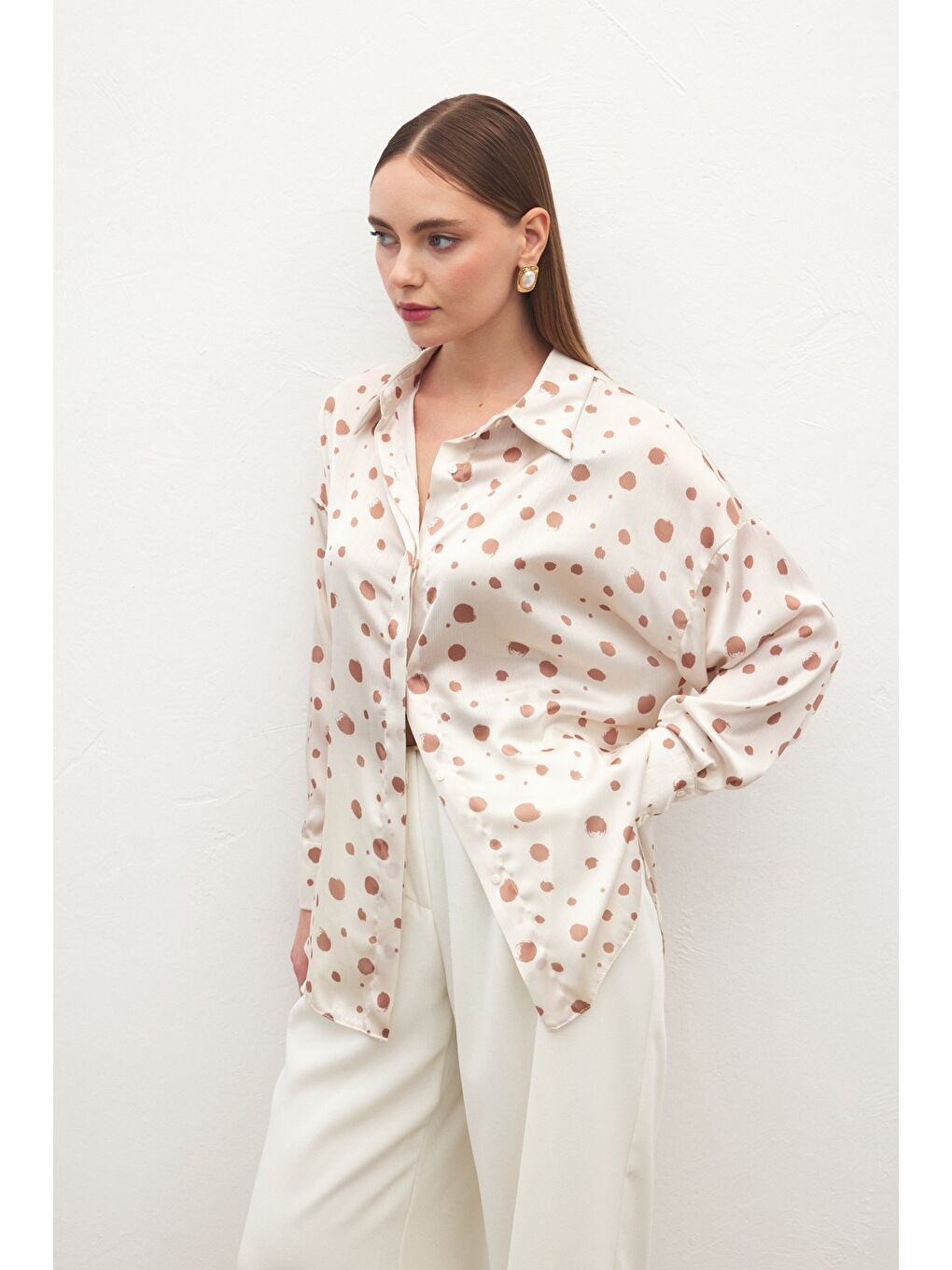 Puantiyeli Gömlek - Bej-2