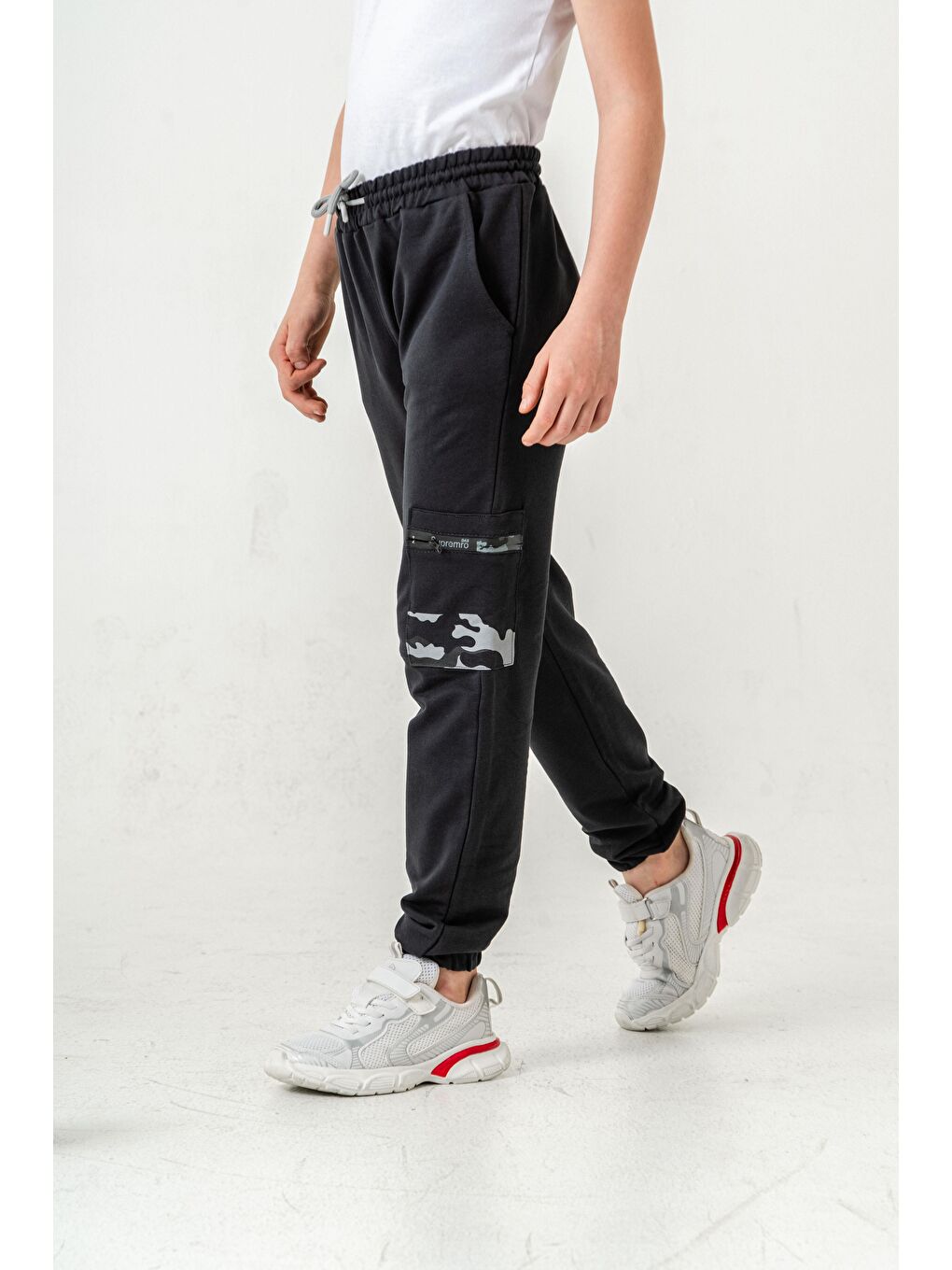 Gri Kargo Cepli Cep Kamuflaj Baskılı Fermuarlı Erkek Çocuk Eşofman Altı-3