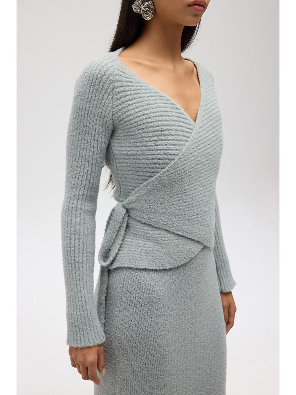 Fluff Bağlamalı Gri Üst-Etek Takım-5