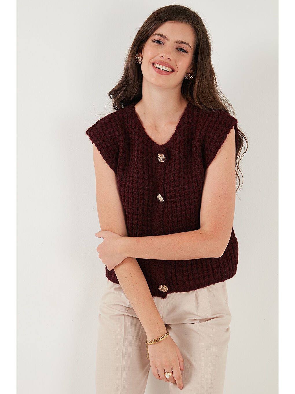 Bordo Premium Oversize Fit Bisiklet Yaka Düğmeli Örgü Yelek 680YL1416-4