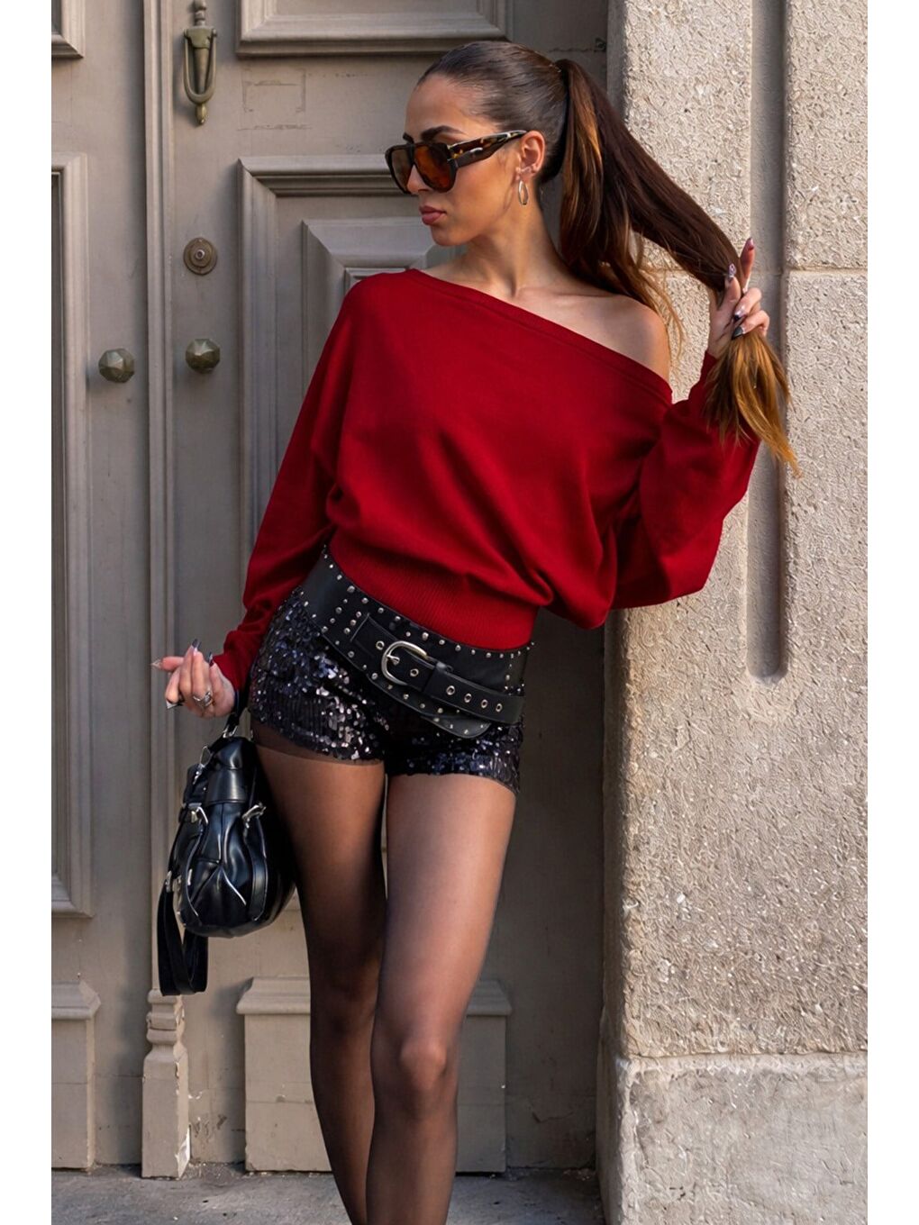 Kırmızı Ribbed Asimetrik Kesimli Kadın Kazak Mg2744-1