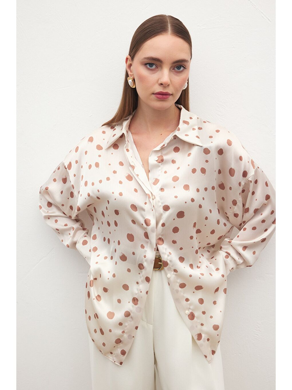 Puantiyeli Gömlek - Bej-3