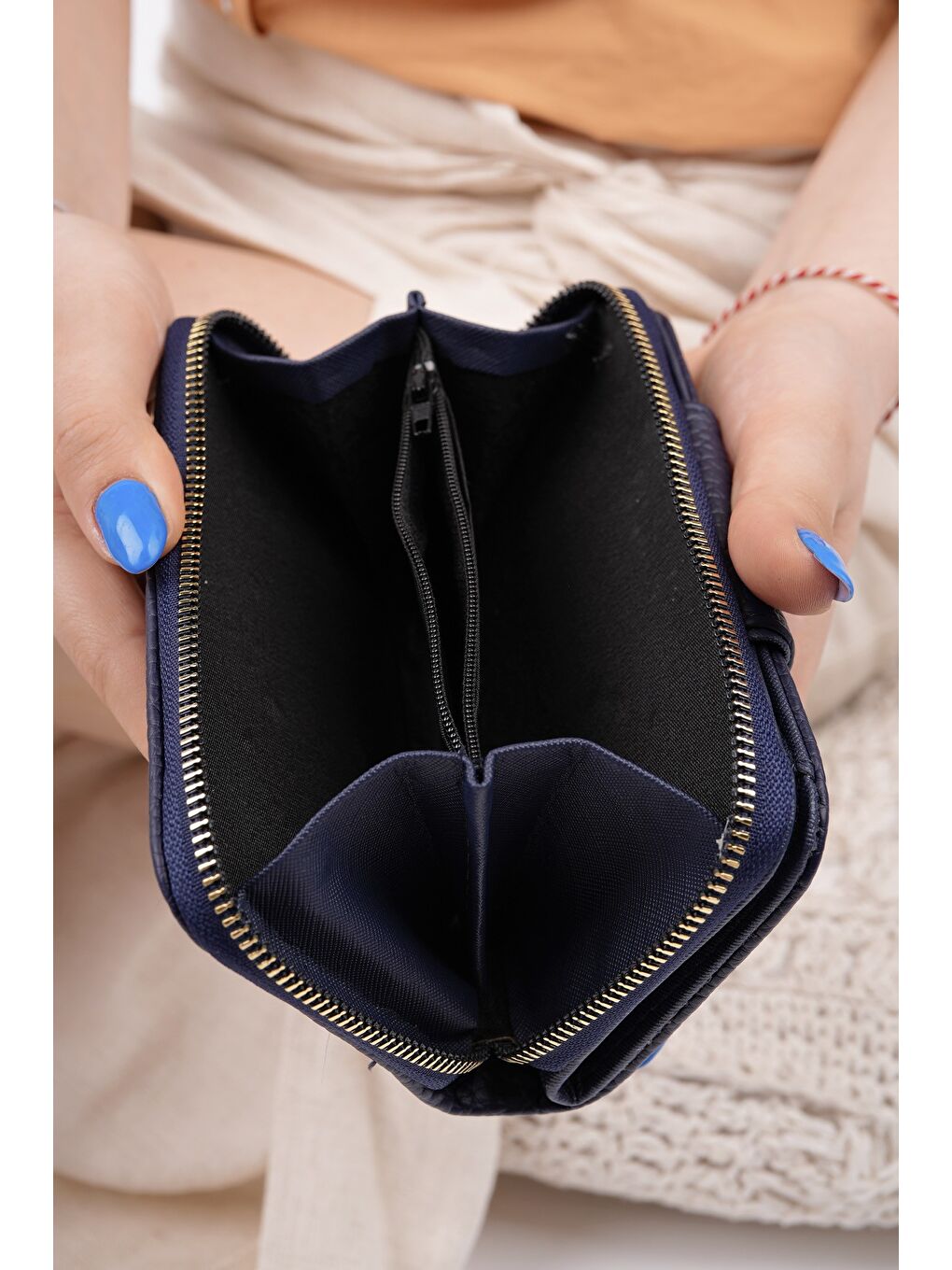 Lacivert CHEKO Bozuk & Kağıt Para Bölmeli Fermuarlı Kartlık Kadın Cüzdan-6