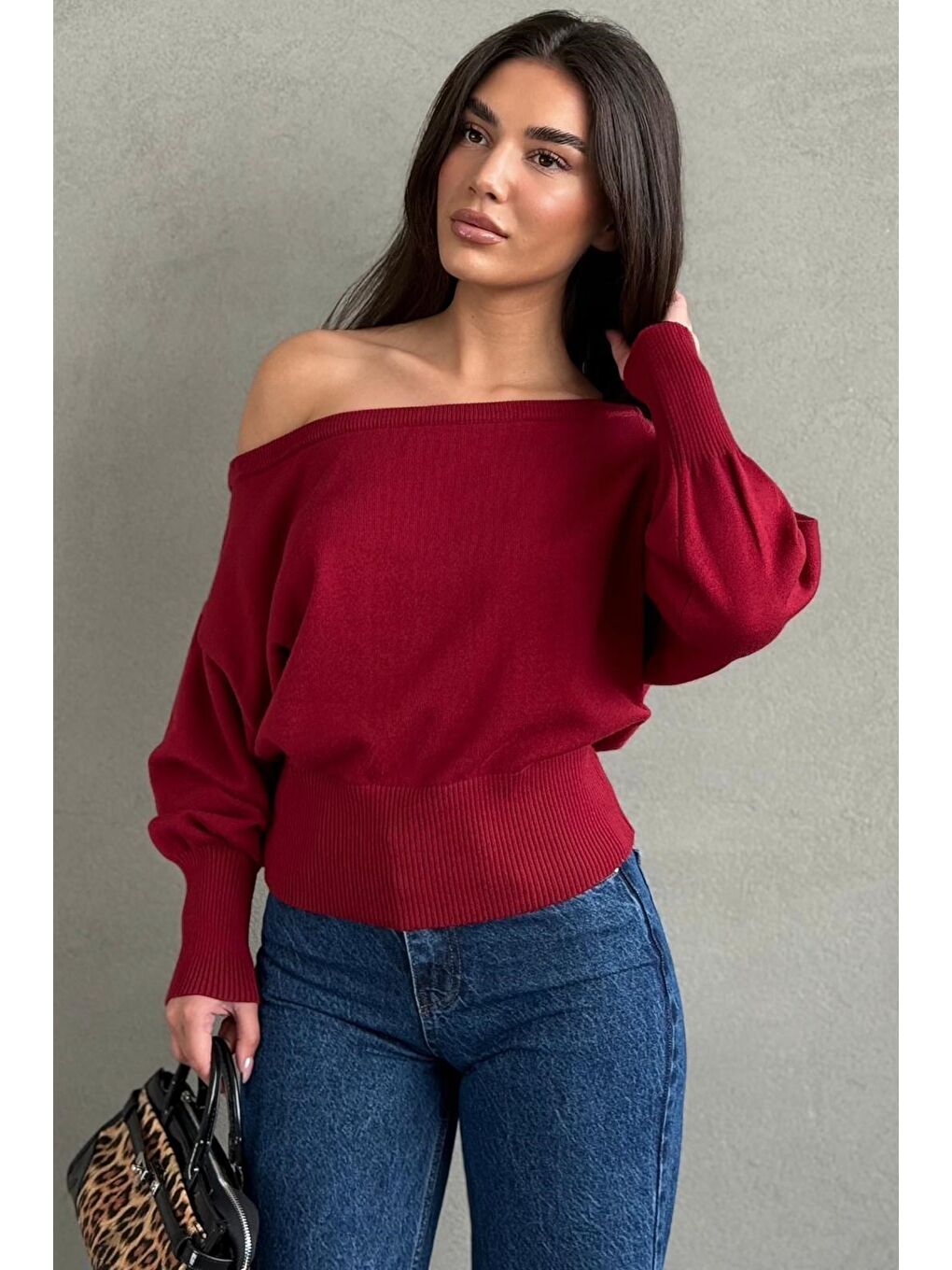 Kırmızı Ribbed Asimetrik Kesimli Kadın Kazak Mg2744-3