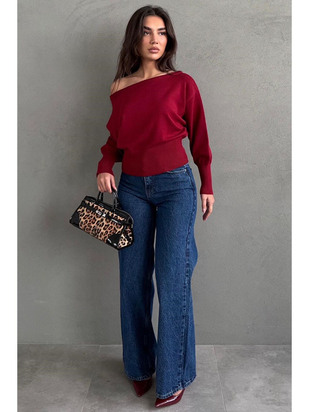 Kırmızı Ribbed Asimetrik Kesimli Kadın Kazak Mg2744-4