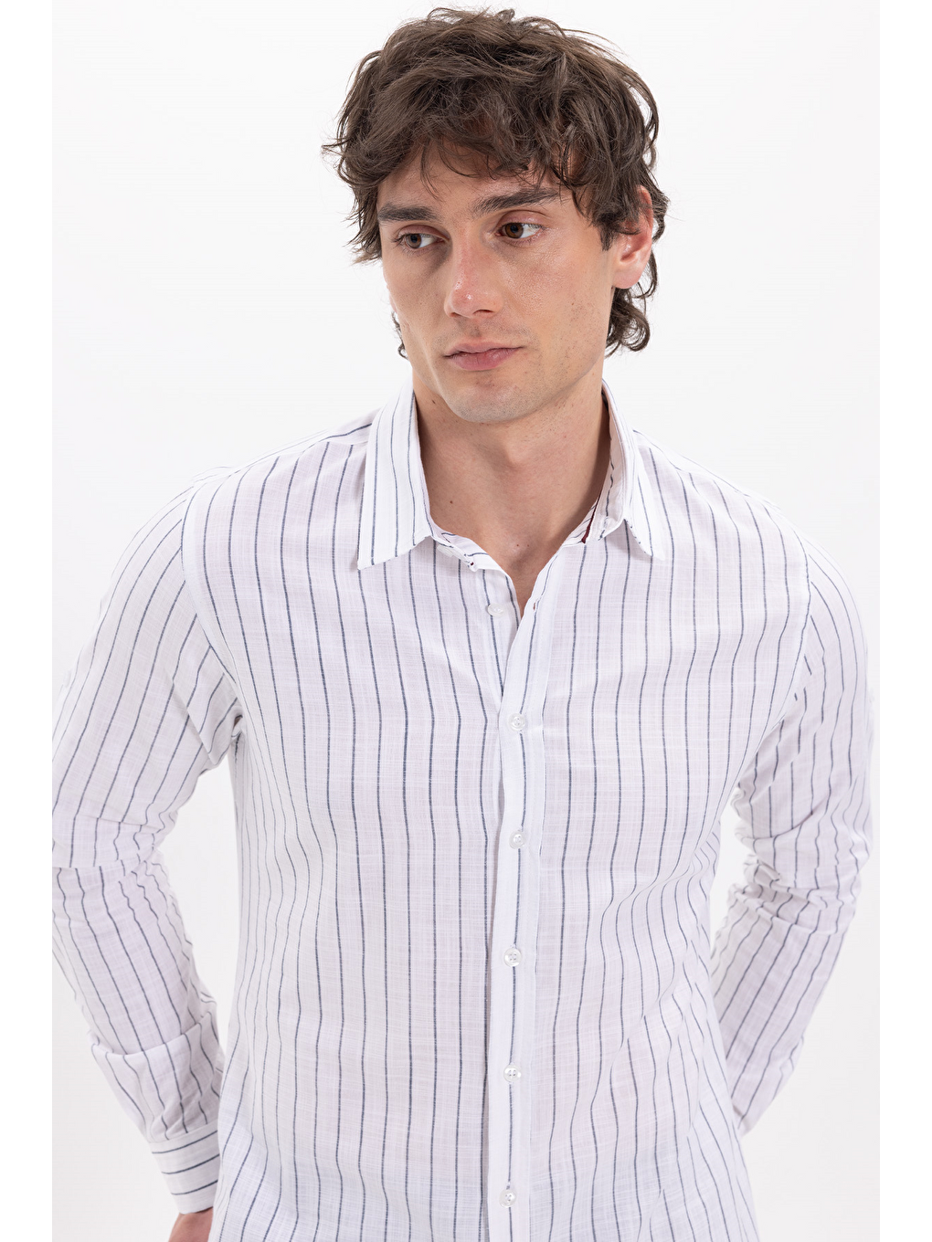 Lacivert Erkek Slim Fit Dar Kesim Uzun Kollu %100 Pamuk Keten Doku Çizgili Gömlek-4