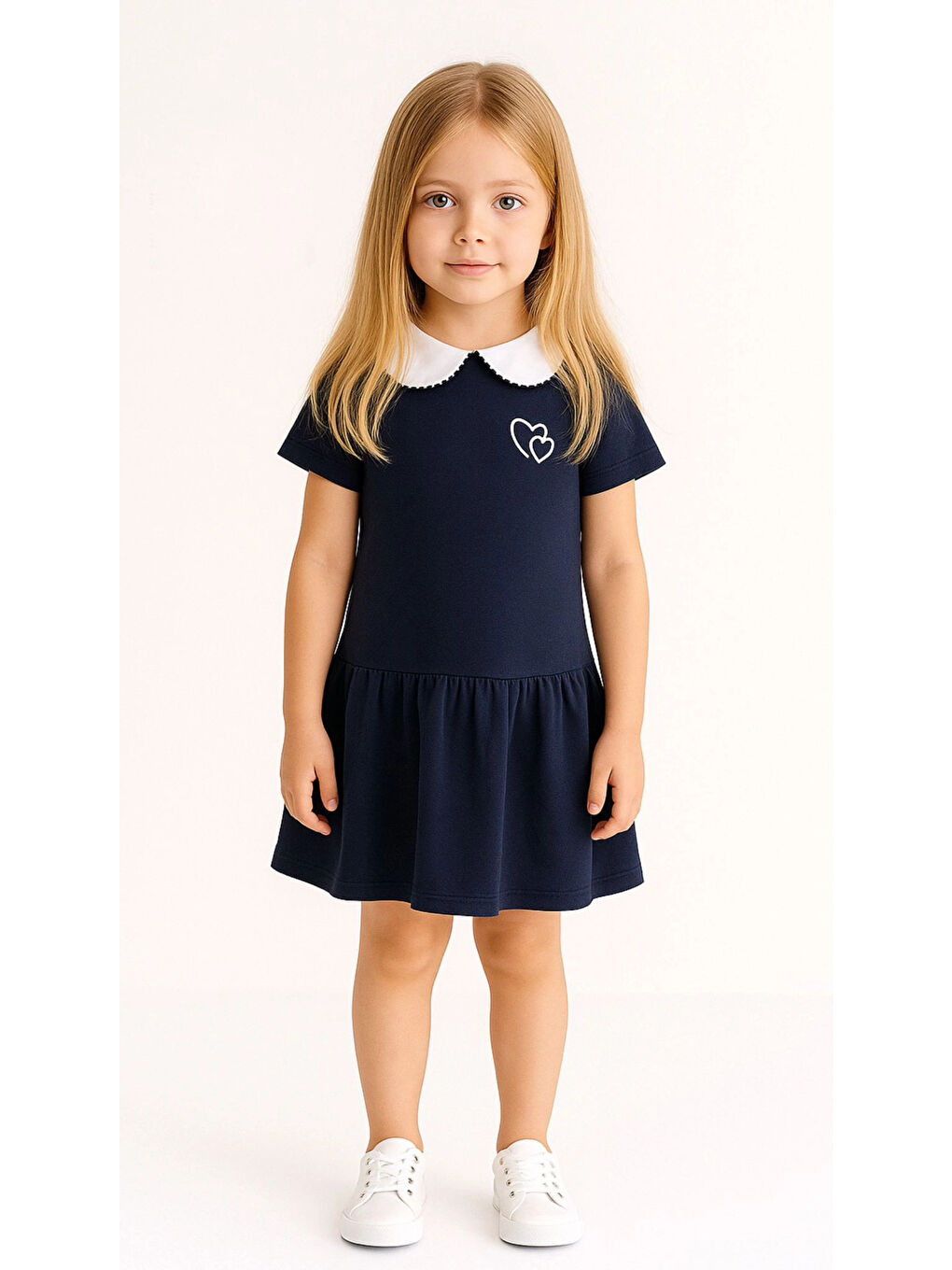 Lacivert Poplin Yakalı Kalp Pike Elbise 50774