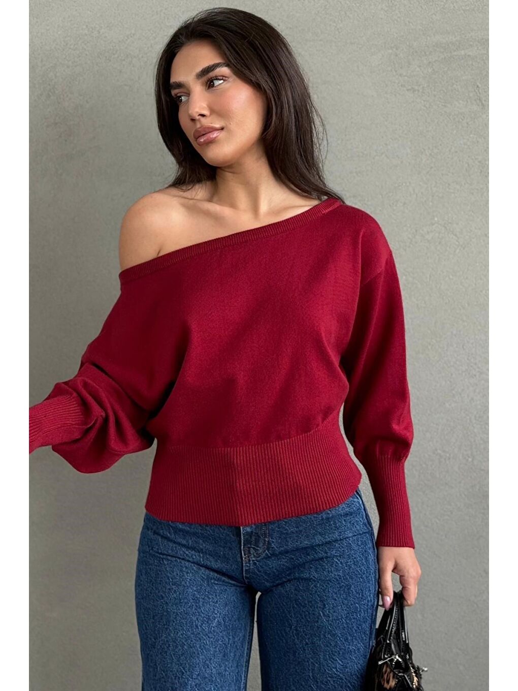 Kırmızı Ribbed Asimetrik Kesimli Kadın Kazak Mg2744-5