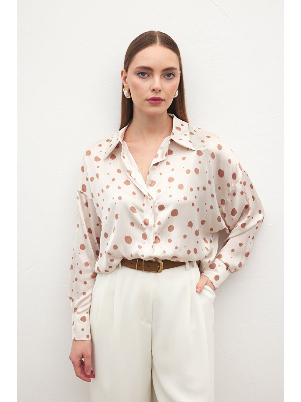 Puantiyeli Gömlek - Bej-4