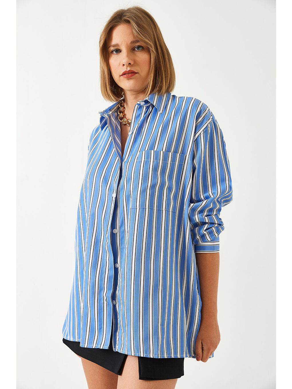 Mavi Kadın Tek Cepli Çizgili Oversize Gömlek-1