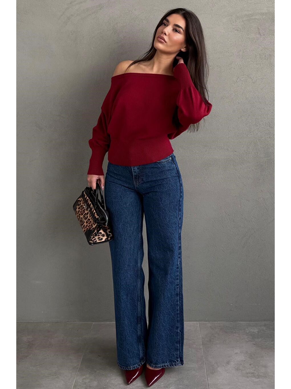 Kırmızı Ribbed Asimetrik Kesimli Kadın Kazak Mg2744-6