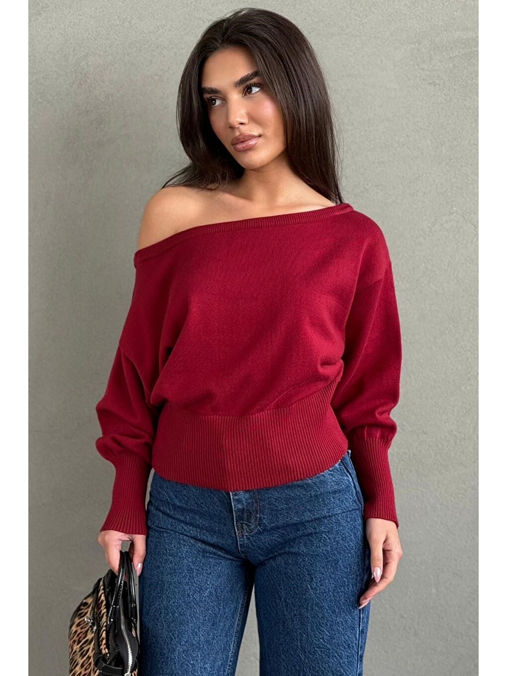 Kırmızı Ribbed Asimetrik Kesimli Kadın Kazak Mg2744-7