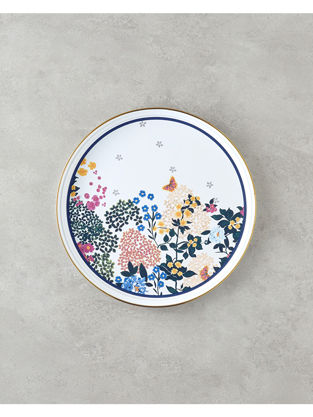 Beyaz Artistic Flower Emaye Tepsi 31 cm Renkli