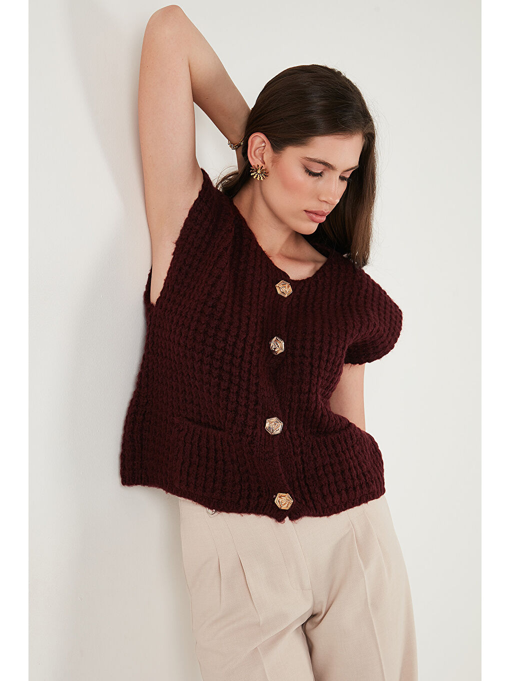 Bordo Premium Oversize Fit Bisiklet Yaka Düğmeli Örgü Yelek 680YL1416-5