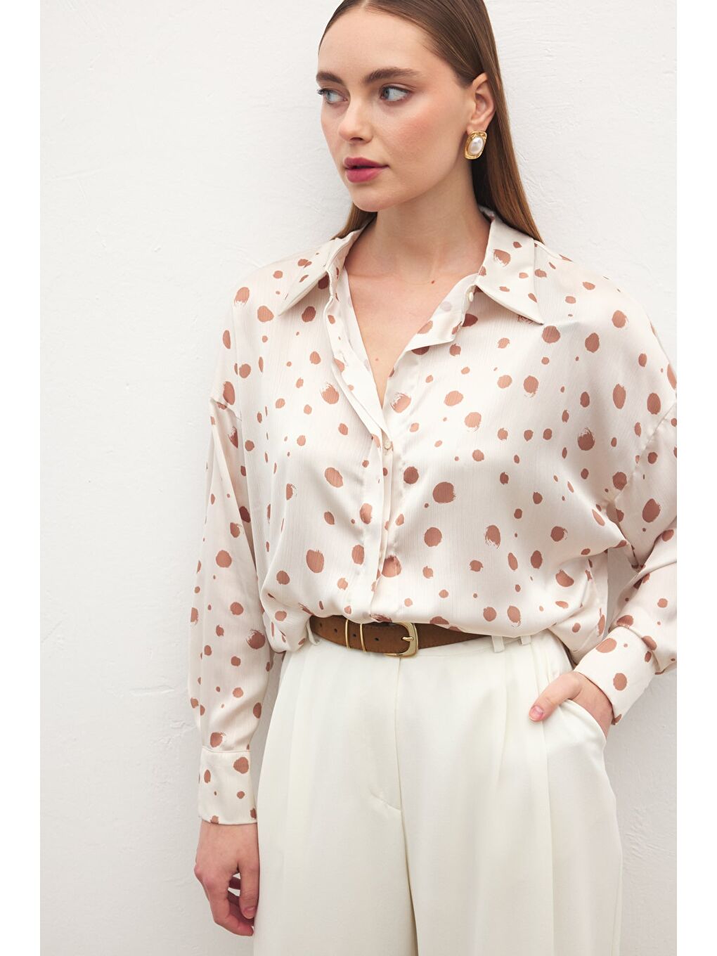 Puantiyeli Gömlek - Bej-5