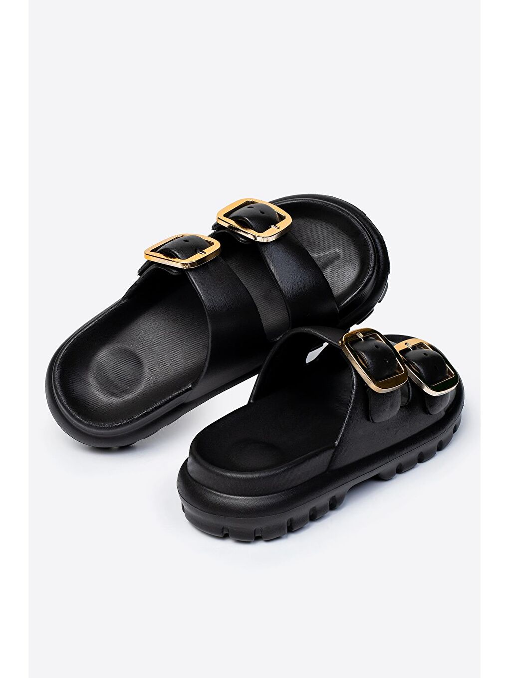 Siyah Çift Tokalı Kadın Eva Kalın Taban Terlik-2